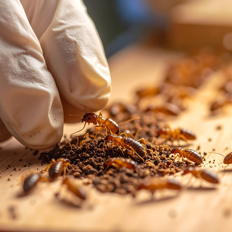 Inspection de termites: examen par un expert Gros plan sur des termites oranges examinées par une main gantée de blanc au-dessus d'un sol sombre.